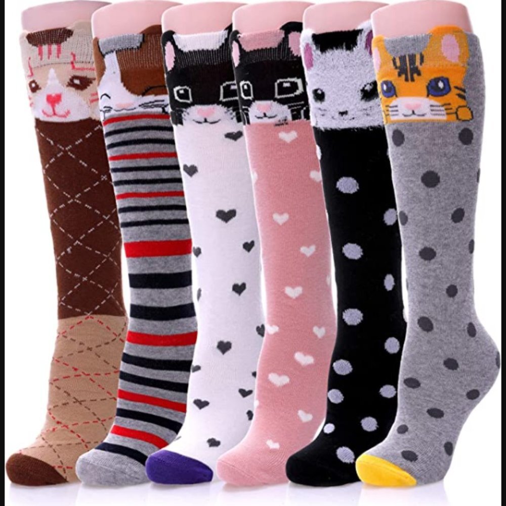 6 Pairs Girls Socks Knee High Stockings Cartoon Animal Warm Cotton Socks